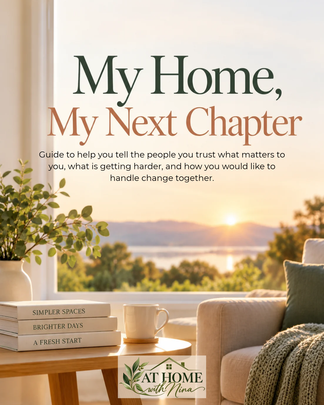 My Home, My Next Chapter free guide cover showing a warm living room, books, and a sunlit view